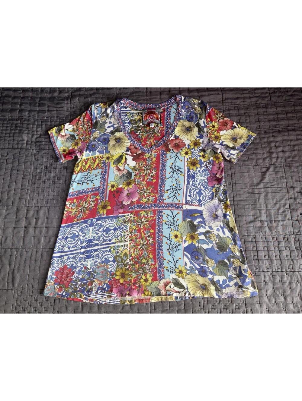 Johnny Was Midsummer Favorite S/s V-Neck Jersey Swing T-shirt Floral Small